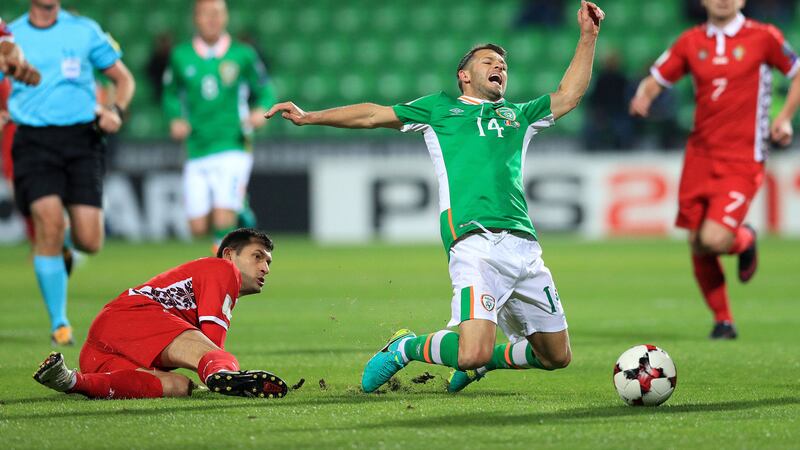 Wes Hoolahan is challenged by Moldova's Veaceslav Posmac during last Sunday's Fifa World Cup qualifier at the Zimbru Stadium, Chisinau<br />Picture by AP&nbsp;
