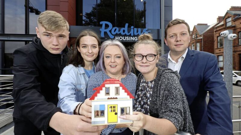 Michael Pelan, St Mary&#39;s CBS, Lydia McKane, Strathern College, Eileen Patterson, Director of Communities Radius Housing, Chloe Mc Laughlin, St Louise&#39;s, and Donal Lyons, chairman of City Growth and Regeneration Committee, Belfast City Council 