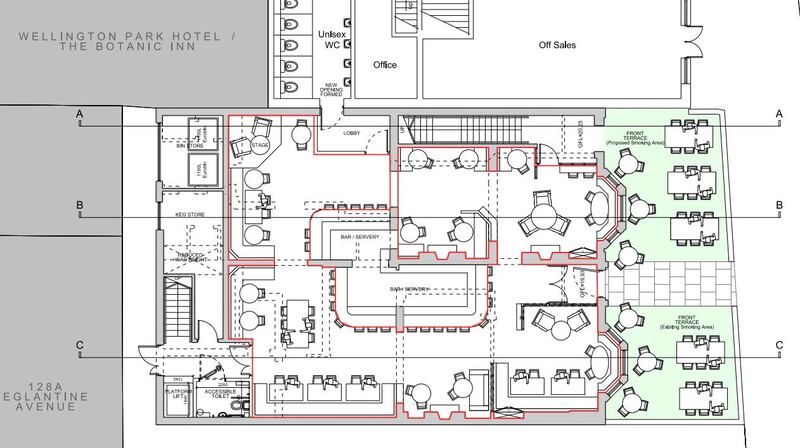 Floor plan showing the new layout of the bar/restaurant at 29-31 Malone Road.