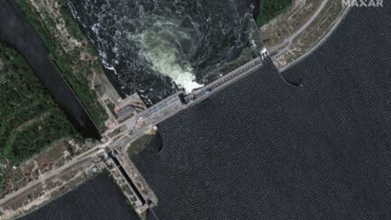 Kakhovka dam and station pictured before and after collapse (Satellite image ©2023 Maxar Technologies via AP)