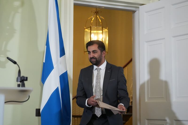 Humza Yousaf arrives for the press conference at Bute House
