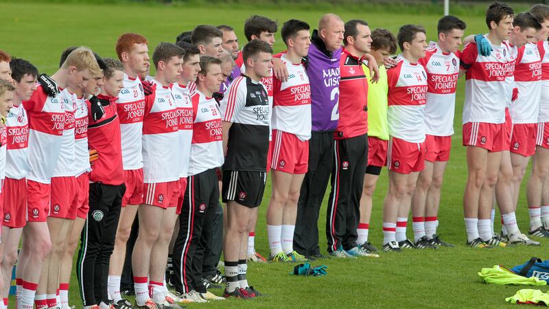 Derry's players pause to remember Aaron Devlin before their All-Ireland Minor Football Championship quarter-final against Longford at Brewster Park on Saturday <br />Picture: Margaret McLaughlin&nbsp;