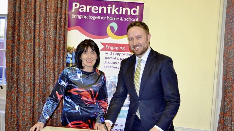 Parentkind&#39;s Jayne Thompson and assembly education committee chairman Chris Lyttle 