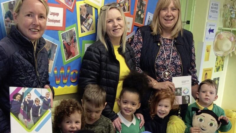 Bangor Central NS principal Millie Williams (far right) with parents and pupils 