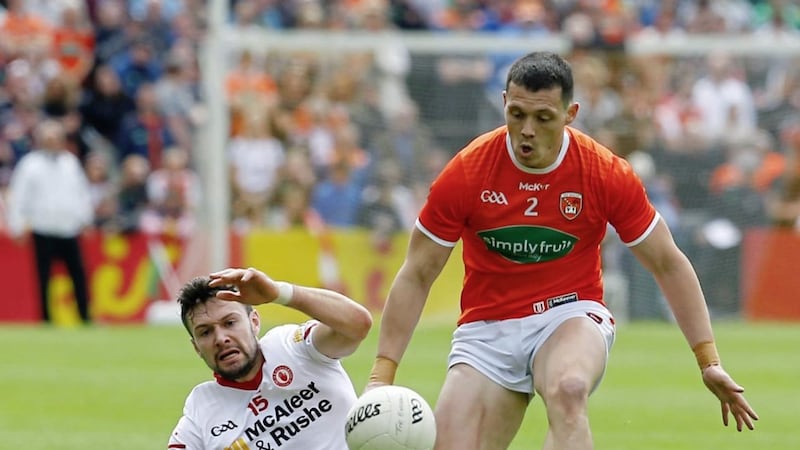 James Morgan shuts down Tyrone&#39;s Connor McKenna as Armagh dethrone the All-Ireland champions. Pic Philip Walsh 