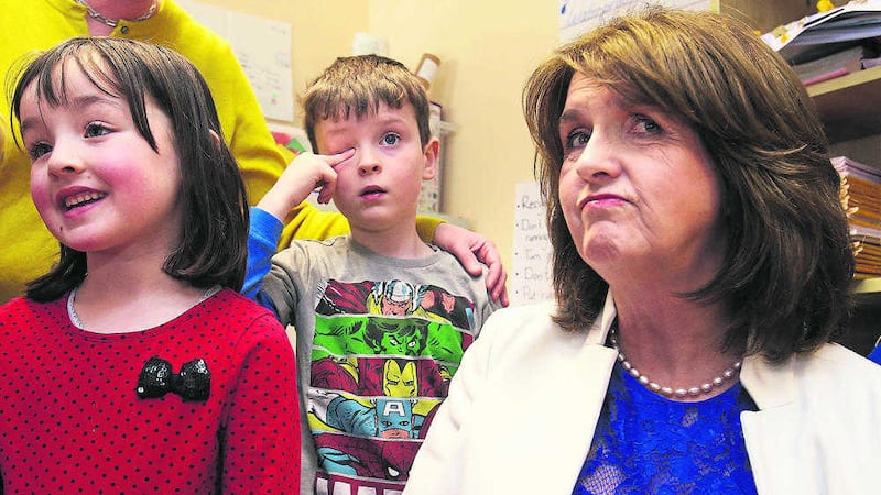 THINK TWICE: Tanaiste and Labour leader Joan Burton during a visit to Shellybanks Educate Together National School in Ballsbridge, Dublin PICTURE: Brian Lawless/PA 