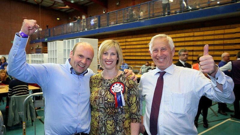 UUP's Sandra Overend celebrates with her husband and her father, retired MLA Billy Armstrong, after being elected for Mid-Ulster at the Ballymena count centre. Picture by Cliff Donaldson&nbsp;