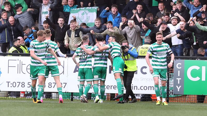 Shamrock Rovers striker Richie Towell celebrates opening the scoring       Picture by Margaret McLaughlin