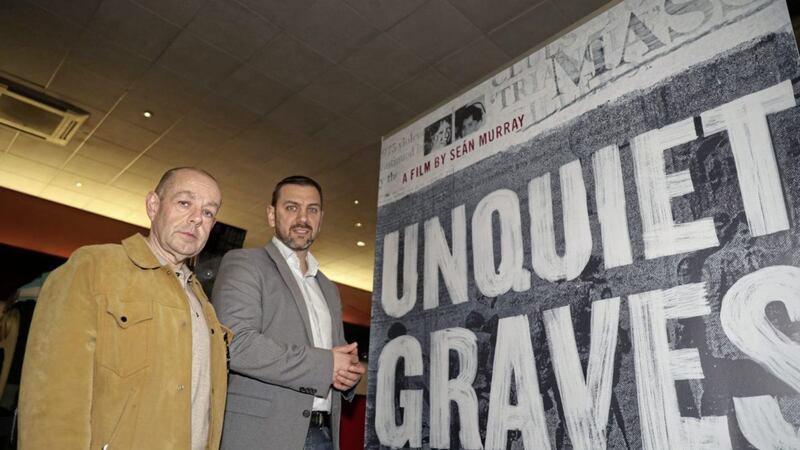 Investigative reporter Barry McCaffrey with film director Sean Murray at the Belfast premier of Unquiet Graves. 