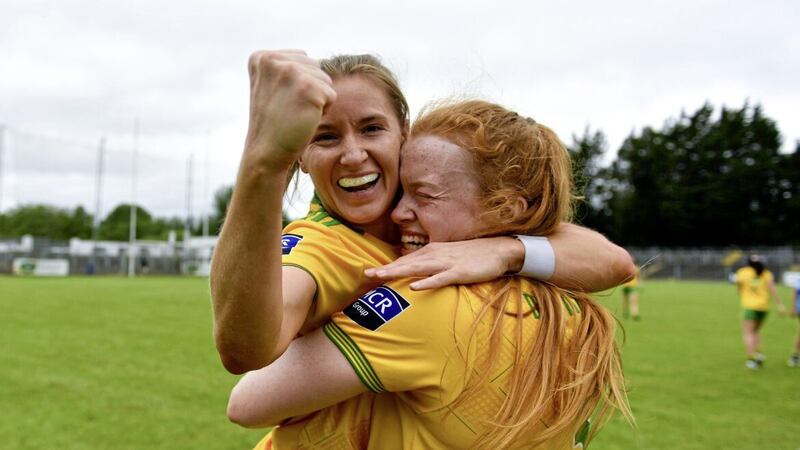 Donegal's Niamh McLaughlin (left) of celebrates with Evelyn McGinley after the TG4 All-Ireland Ladies Football Senior Championship Quarter-Final between Donegal and Dublin in Carrick-on-Shannon, Leitrim. Picture: Eoin Noonan/Sportsfile