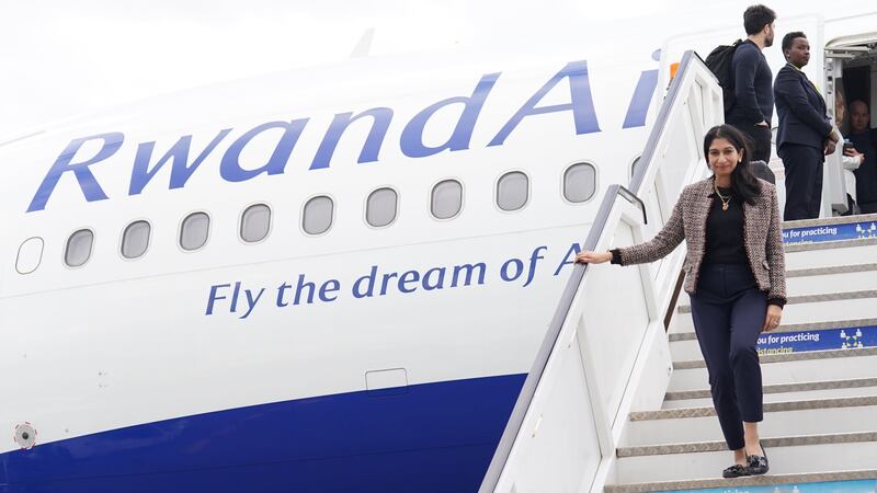 Former Home Secretary Suella Braverman disembarking her plane at Kigali International Airport in her visit to Rwanda (Stefan Rousseau, PA)