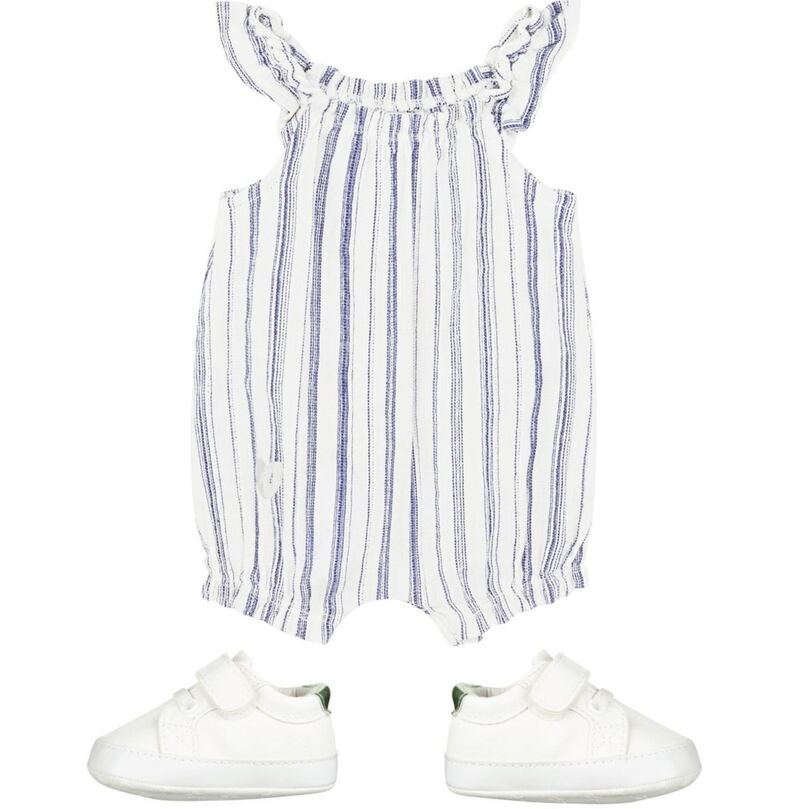 River Island Baby Beige Textured Stripe Romper, &pound;14;&nbsp;Baby &#39;You can&#39; White Trainers, &pound;10 