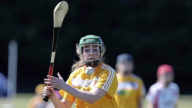 Antrim&#39;s Roisin McCormick in action against Derry in Sunday&#39;s Ulster Minor Camogie semi-final in Swatragh. Picture by John McIlwaine 