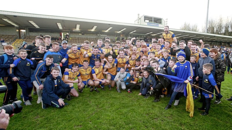 Enniskillen Gaels players and supporters celebrate their Mannok Fermanagh SFC Final victory. 