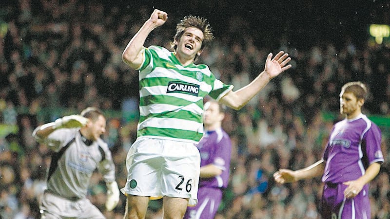 Celtic striker Cillian Sheridan celebrates scoring his second goal during the Clydesdale Bank Premier League match at Celtic Park in Glasgow.on Wednesday November 12 2008.
