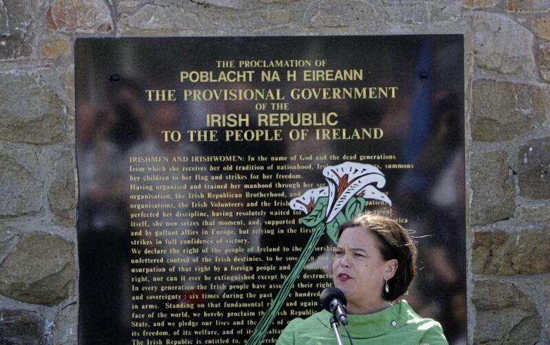 Mary Lou McDonald addresses the annual National Graves Association Easter Sunday Commemoration in Belfast, yesterday. Picture by Ann McManus. 