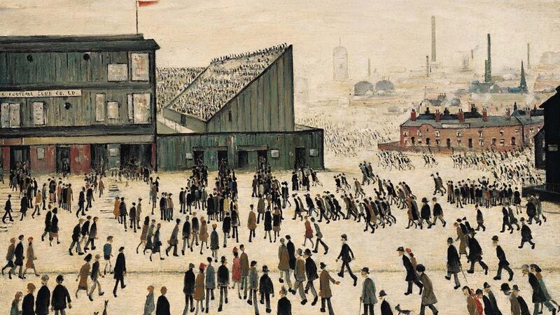 The artwork depicts people gathered at Burnden Park football stadium, former home of Bolton Wanderers.