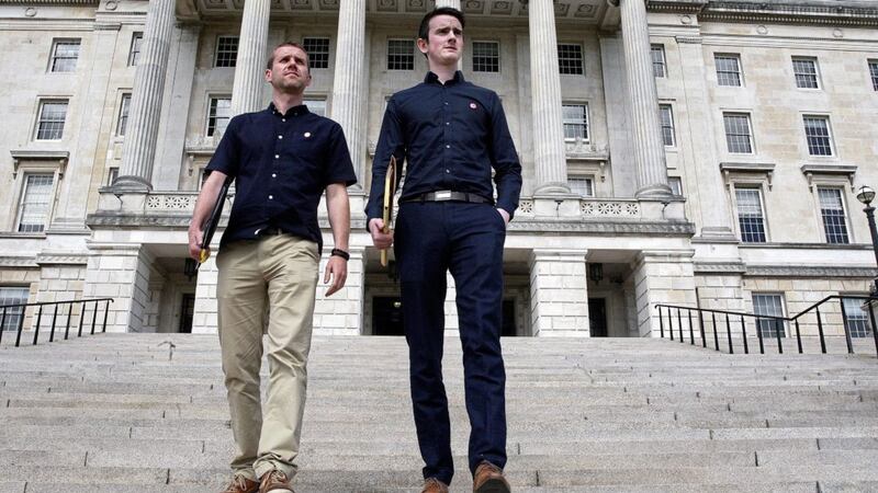 Ciar&aacute;n Mac Giolla Bh&eacute;in and P&aacute;draig &Oacute; Tiarnaigh from Conradh na Gaeilge leave Stormont after meeting the UUP. Picture by Bill Smyth 