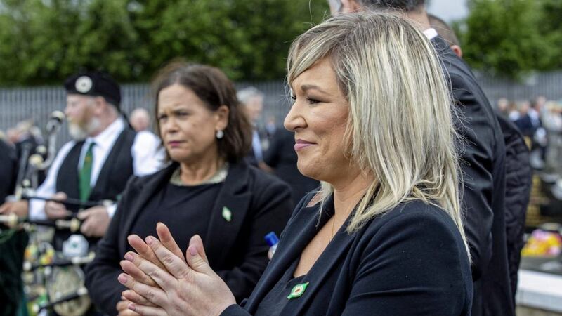 Deputy first minister Michelle O&#39;Neill, pictured with Sinn F&eacute;in president Mary Lou McDonald, at a ceremony for Bobby Storey at the republican plot at Milltown Cemetery in west Belfast. Picture by Liam McBurney/PA Wire 