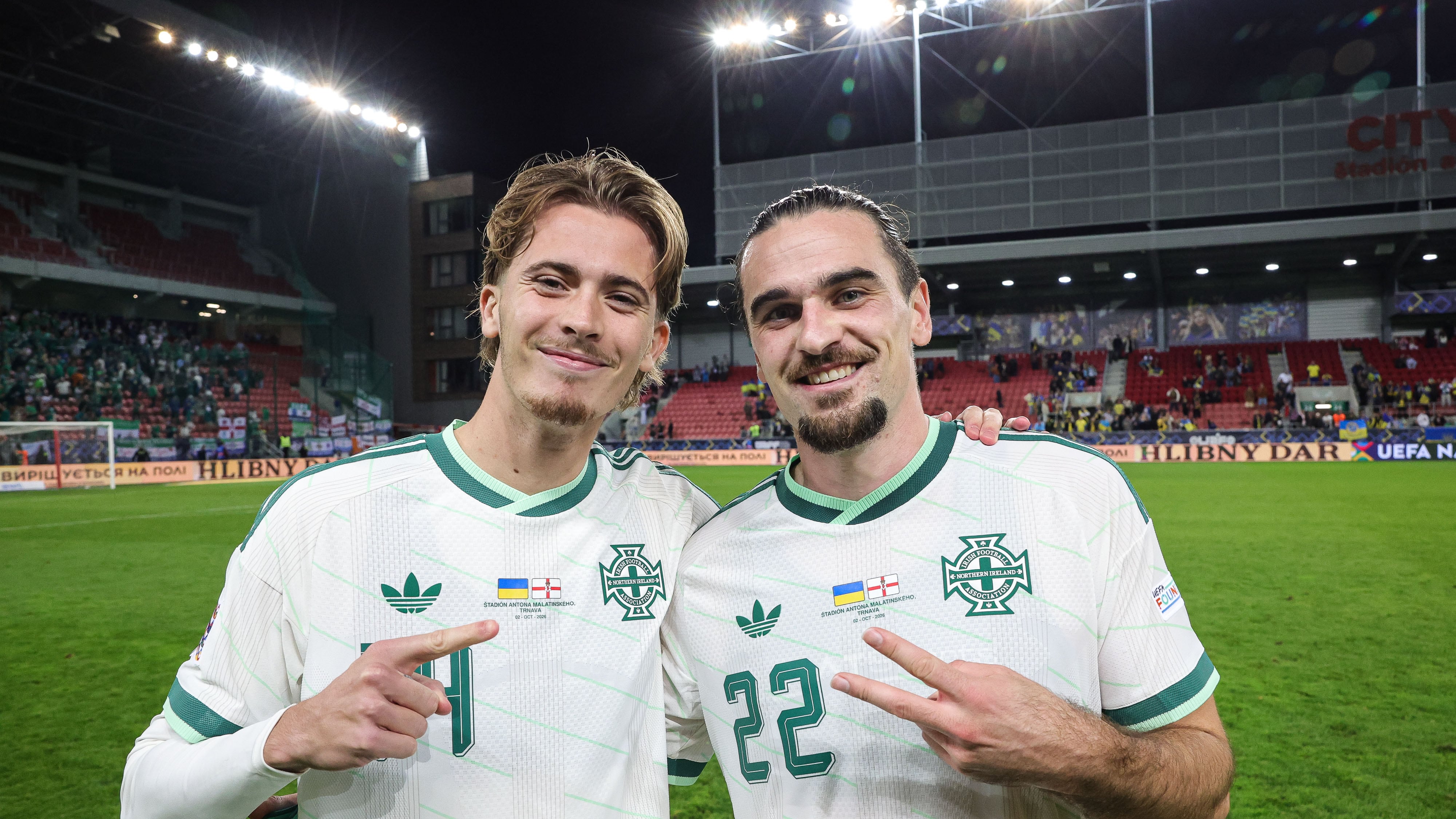 Northern Ireland goal heroes Tom Atcheson and Ciaron Brown after the final whistle after Friday night's UEFA Nations League 3-0 win over Ukraine at the Štadión Antona Malatinského in Slovakia. Photo William Cherry/Presseye
