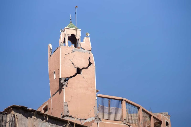 A cracked mosque minaret stands after an earthquake in Moulay Brahim village, near Marrakesh, Morocco 