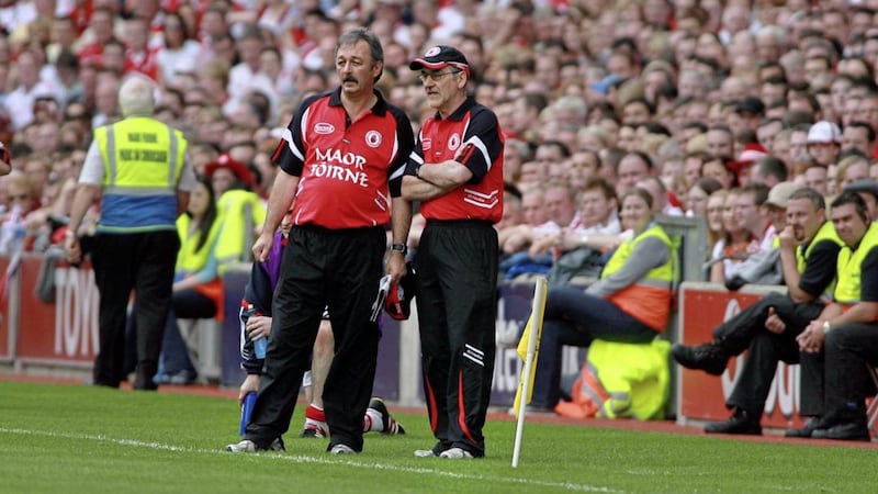 Tony Donnelly and Mickey Harte plot Tyrone's path to success.<br /> Pic Seamus Loughran.
