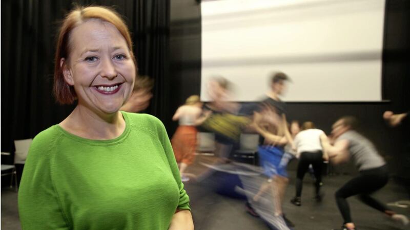 Bruiser Theatre Company&#39;s founder and artistic director Lisa May proudly looks on as young stars of the future take part in their summer Graduate Academy in the MAC, Belfast. Picture by Hugh Russell 