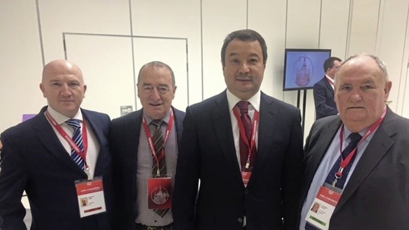 The Irish Athletic Boxing Association delegation at the International Boxing Association (AIBA) presidential election in Moscow, left to right) Chief Executive Officer Fergal Carruth, IABA secretary Art O&#39;Brien, and IABA president Dominic O&#39;Rourke along with Serik Konakbayev (second from right) in Moscow 