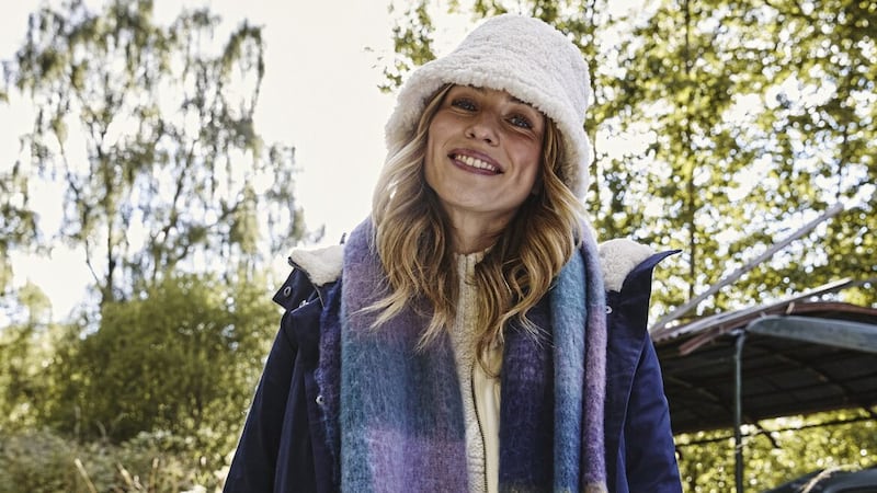 FatFace Eliza Teddy Bucket Hat, &pound;22.50; Marnie Check Scarf, &pound;35; Tara 3 in 1 Coat, &pound;185, available from FatFace 