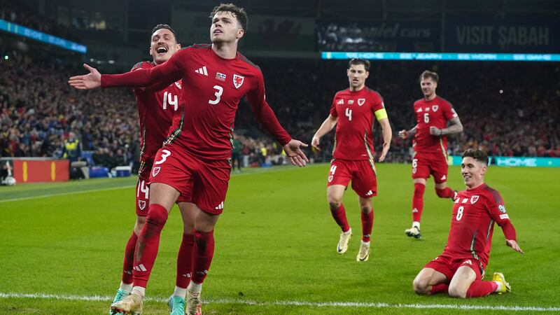 Neco Williams (second left) celebrates after scoring Wales’ second goal in their 4-1 Euro 2024 play-off victory over Finland