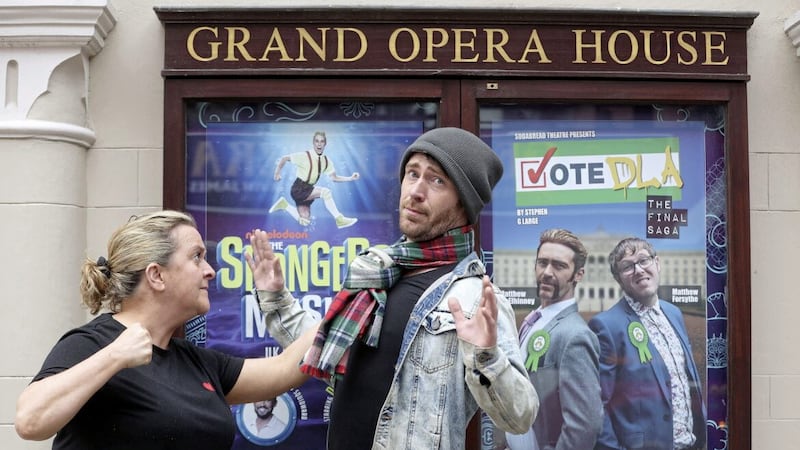 The Dundonald Liberation Army are back with their final show, Vote DLA, at the Grand Opera House. The comedy is written by Stephen G. Large, directed by Gerard McCabe and produced by Soda Bread Theatre, starring Matthew McElhinney, Matthew Forsythe and Jo Donnelly. Picture by Mal McCann 