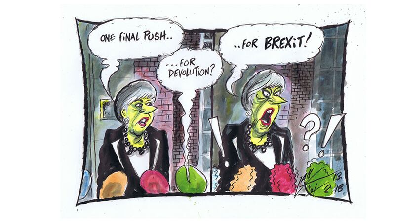 A day of twiddling thumbs for Leo and Theresa as the DUP play hard to get and the deal isn't sealed. Ian Knox cartoon Feb 13 2018