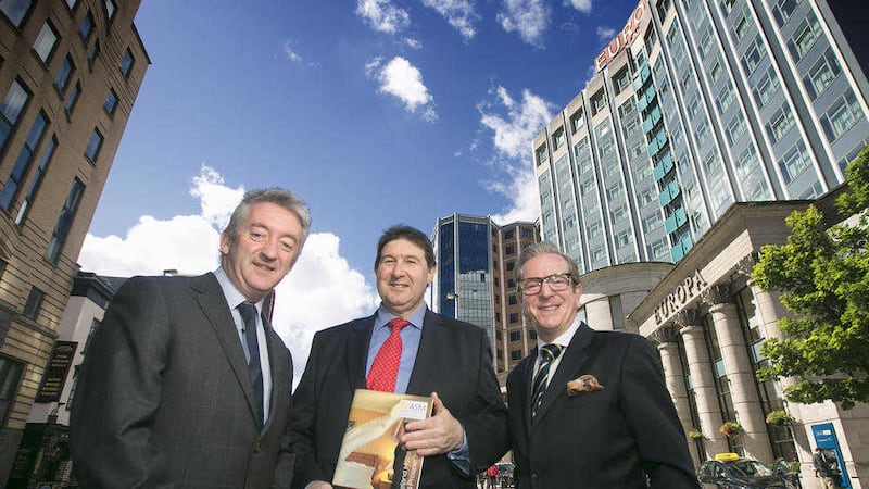 Report author Michael Williamson (right) with Tourism NI chief executive John McGrillen (left) and James McGinn, general manager of the Europa Hotel 