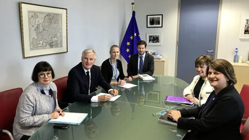 DUP Arlene Foster (right) meeting the EU&#39;s chief Brexit negotiator Michel Barnier (second left) in Brussels. Picture by Arlene Foster, Twitter 