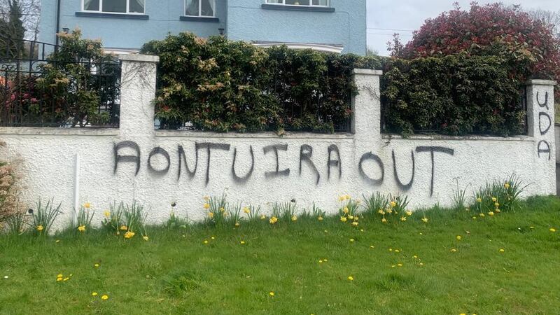 Graffiti sprayed at the Newry home of Aontú council election candidate Sharon Loughran, which police are treating as a hate crime.