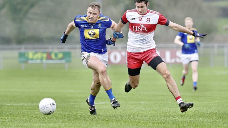 Derry's Chrissy McKaigue with Dean Healy of Wicklow during the Allianz League clash at Glen, Maghera.<br />Picture by Margaret McLaughlin.
