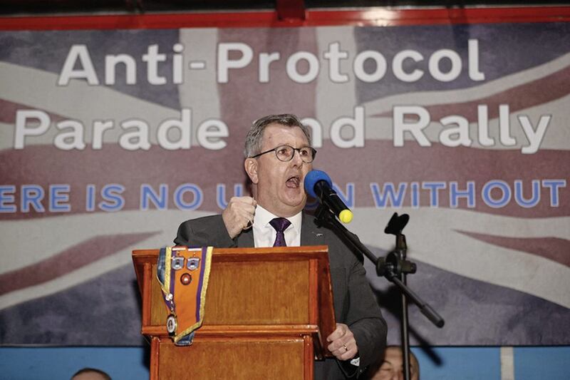 Sir Jeffrey Donaldson speaks during an anti-protocol rally and parade in Ballymoney last Friday. Picture by Liam McBurney/PA Wire.