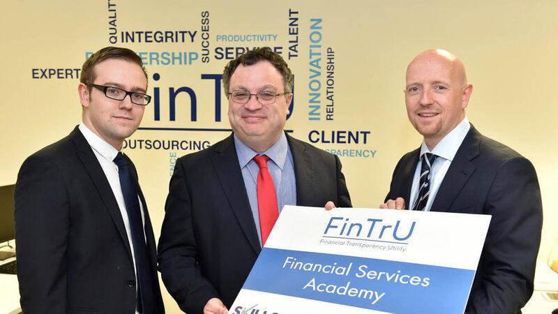 Dr Farry with Stephen Shaw of FinTrU&rsquo;s Belfast Centre of Excellence, and Brian Tracey from Dungiven, a graduate from the first Financial Services Academy 