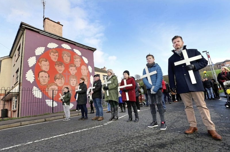 The annual Derry Bloody Sunday march pauses at the mural in Derry's Bogside, dedicated to the 14 victims who died after being shot by the British Army on January 30th 1972.&nbsp; Picture by Margaret McLaughlin&nbsp;