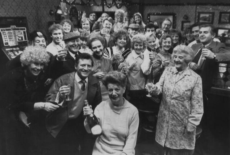 Jean Alexander, who played Hilda Ogden, together with the Coronation Street cast on the set of the Christmas episode in 1987 (PA Images)