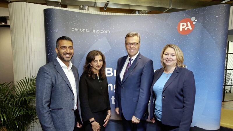 Pictured at the jobs announcement are: Alastair Hamilton, Invest NI CEO; Anita Chandraker, PA Consulting; Karen Bradley, Secretary of State for Northern Ireland and Jiten Kachhela, digital lead of PA Consultancy Group 