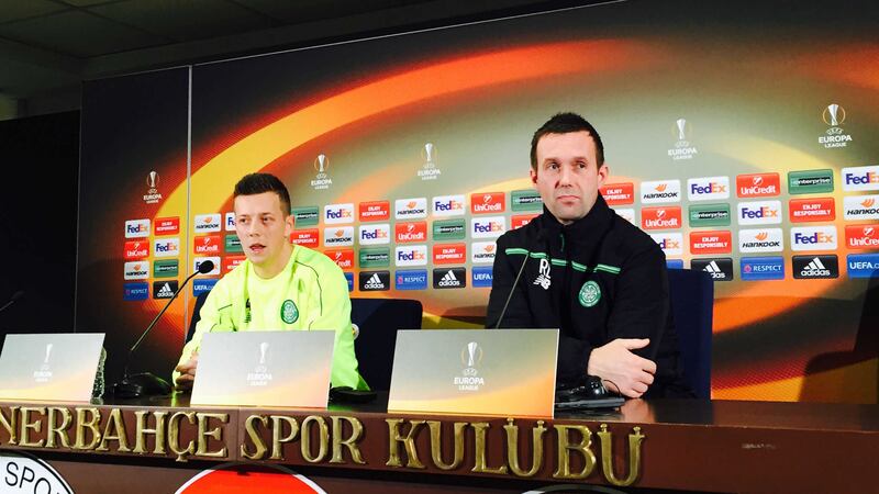 Celtic&nbsp;manager Ronny Deila (right) and player Callum McGregor during a press conference ahead of the UEFA Europa League match against Fenerbache at the Sukru Saracoglu Stadium, Turkey.&nbsp;