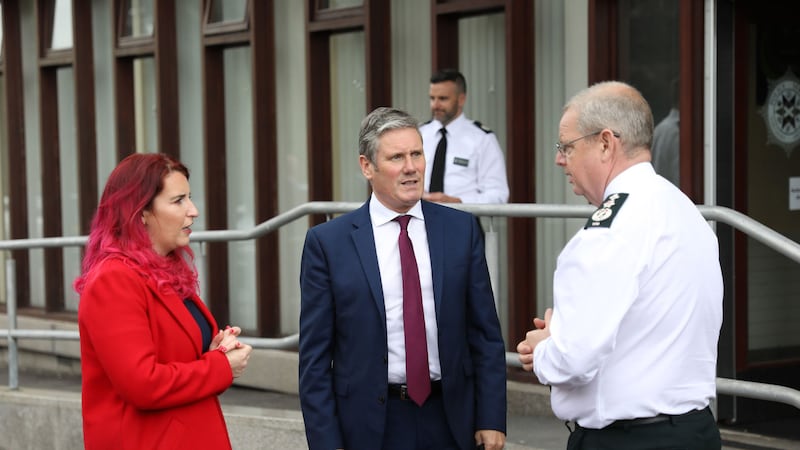 Labour Party leader Sir Keir Starmer (centre) and Shadow Secretary of State for Northern Ireland Louise Haigh (left) speak with PSNI Chief Constable Simon Byrne at their headquarters in Belfast. Picture by Peter Morrison/PA Wire&nbsp;