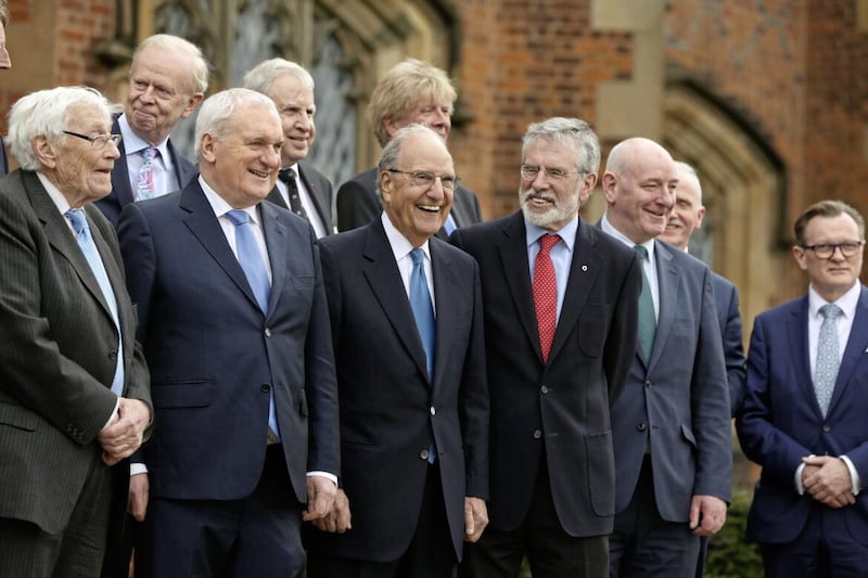 Lod Reg Empey (back row left) with George Mitchell and other protagonists from the Good Friday Agreement pictured at a 20th anniversary event. Picture by Brian Lawless/PA Wire.