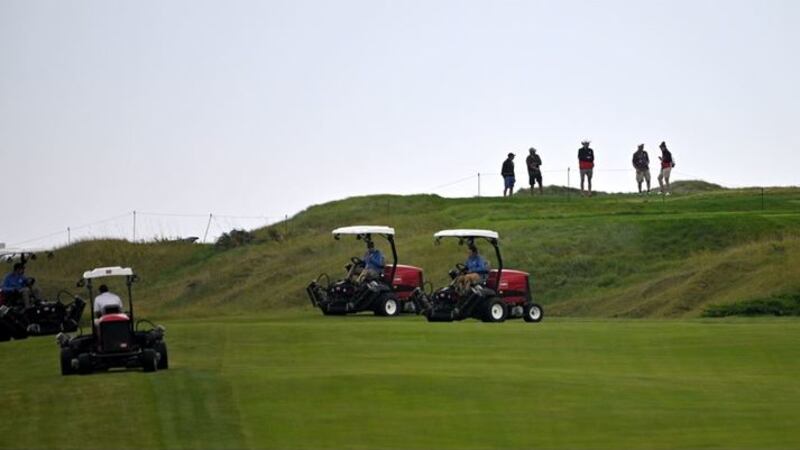&nbsp;Grounds staff cut the grass on the ninth hole during the first preview day of the 43rd Ryder Cup at Whistling Straits, Wisconsin.