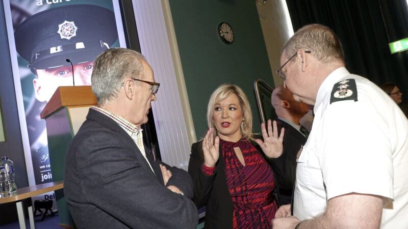 Chief Constable Simon Byrne chats with Deputy First Minister Michelle O&#39;Neill and NI Policing Board member Gerry Kelly at the launch of a new student officer recruitment drive. Picture by Stephen Davison. 