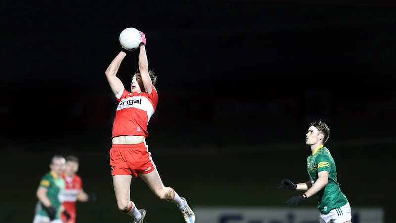 Derry's Paul Cassidy with Cathal Hickey of Meath during the Allianz Football League Division Two match at Owenbeg on Saturday                                   Picture: Margaret McLaughlin.