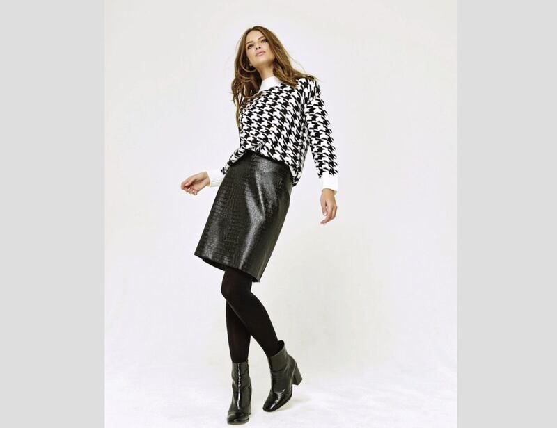 M&amp;Co Petite Dogtooth Jumper, &pound;26; Petite Croc Faux Leather Skirt, &pound;24, available from M&amp;Co (other items, stylist&#39;s own) 