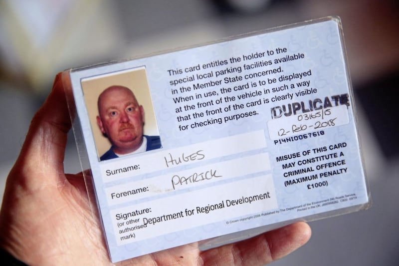 West Belfast man Patrick Hughes&#39; disabled pass that was thrown from his modified mobility car as it was stolen from his front door in the Grosvenor Road area. Photo by Mal McCann 