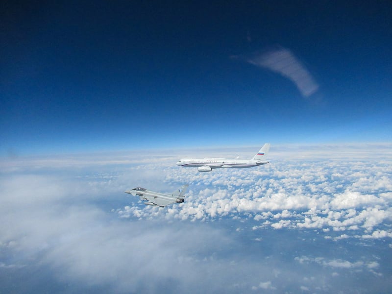 An RAF Typhoon intercepts a Russian Tu-214 command and control aircraft (Ministry of Defence)